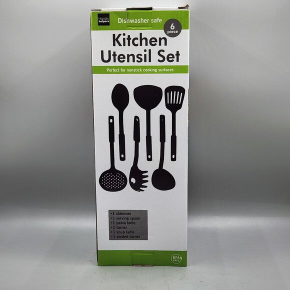 New 6 Piece Kitchen Utensil Set Plastic Nylon Non Scratch Cooking Black - Picture 1 of 6